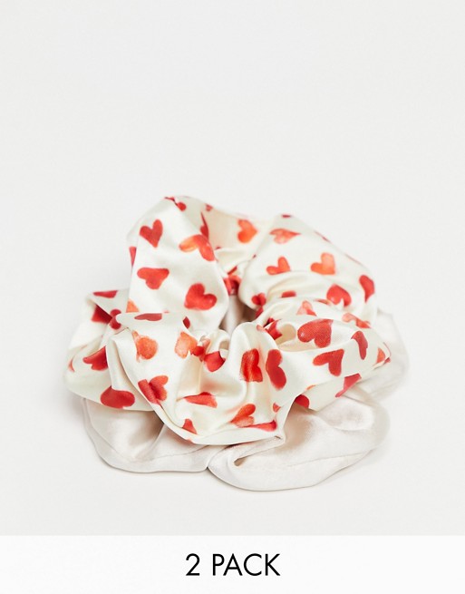 Monki Kelly 2 pack heart print scrunchie in red and white