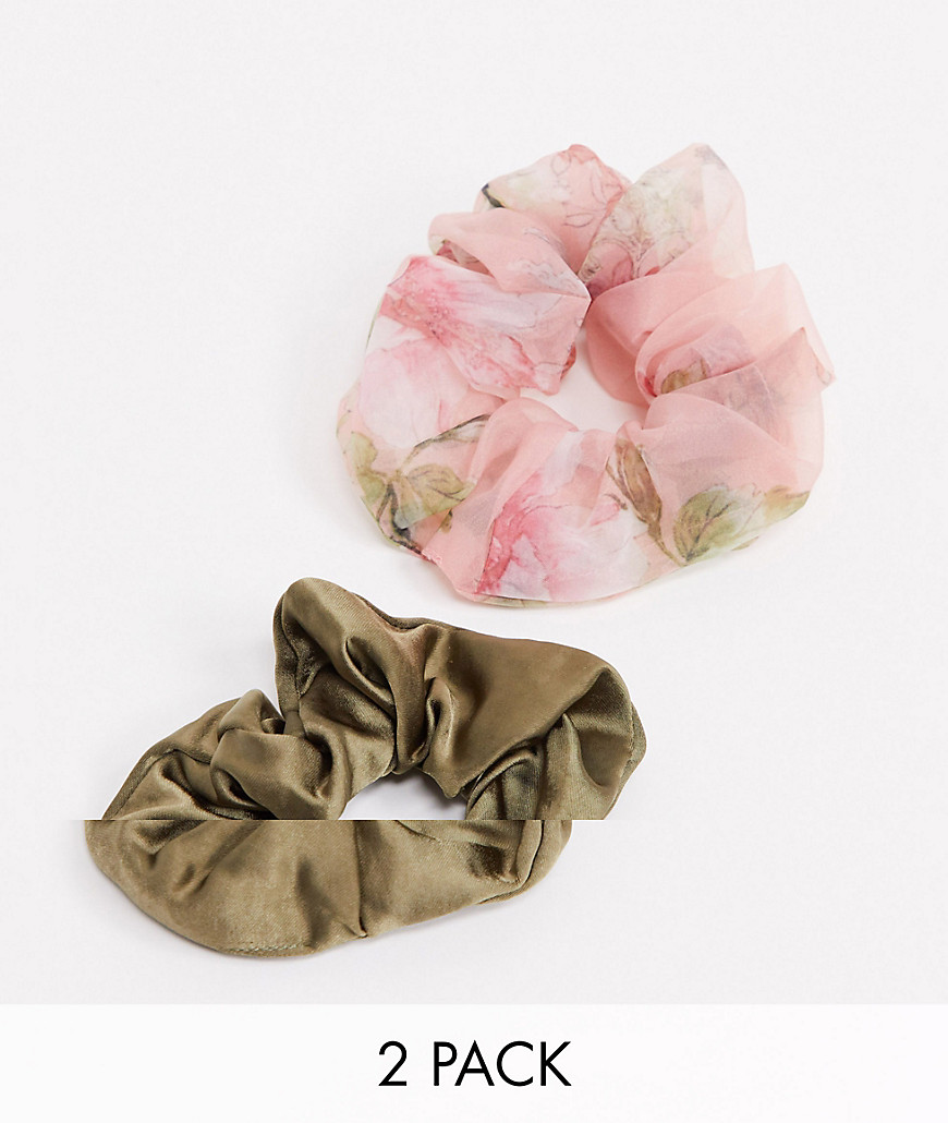 Monki Kelly 2 pack satin & organza scrunchie in brown and print-Multi