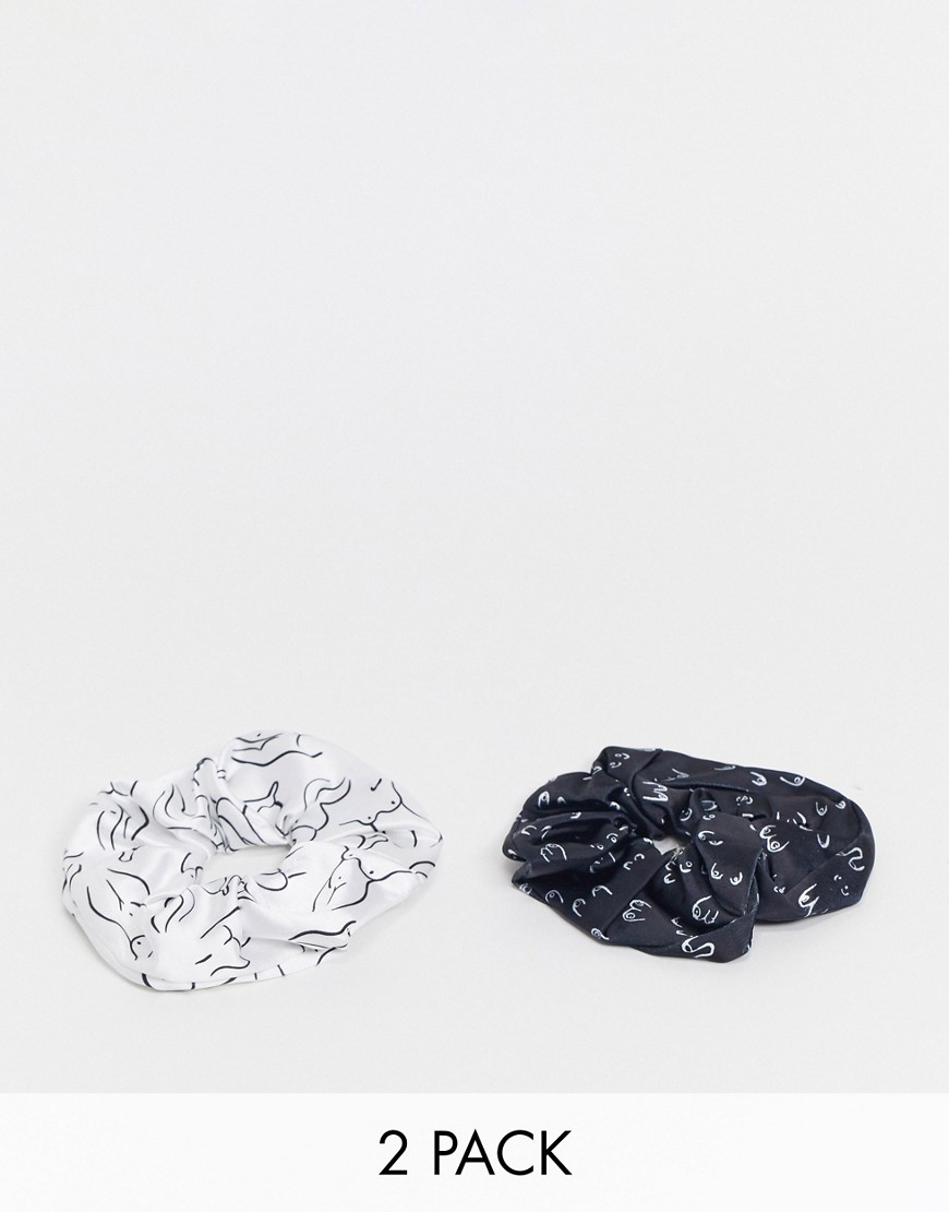 Monki - Kelly - Confezione da 2 elastici nero e bianco con stampa di seni e corpi-Multicolore