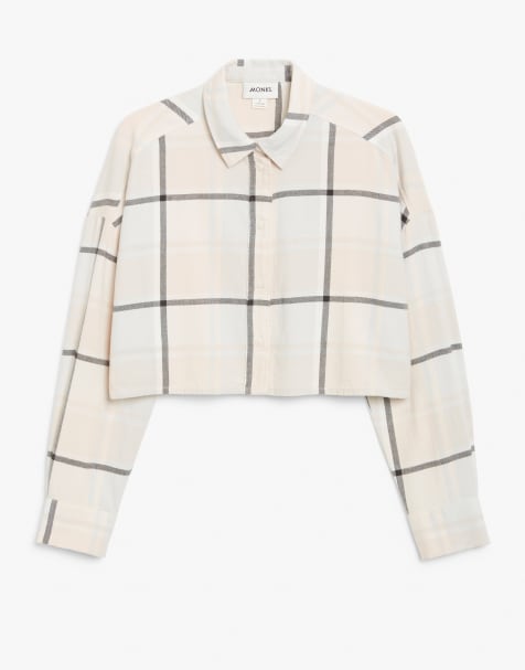 Monki Kelly cotton check print cropped shirt in pastel pink - view 1