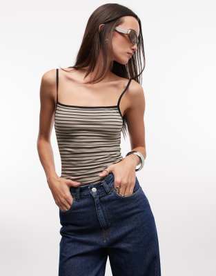 Monki Kelly square neck spaghetti strap tank top in olive stripes