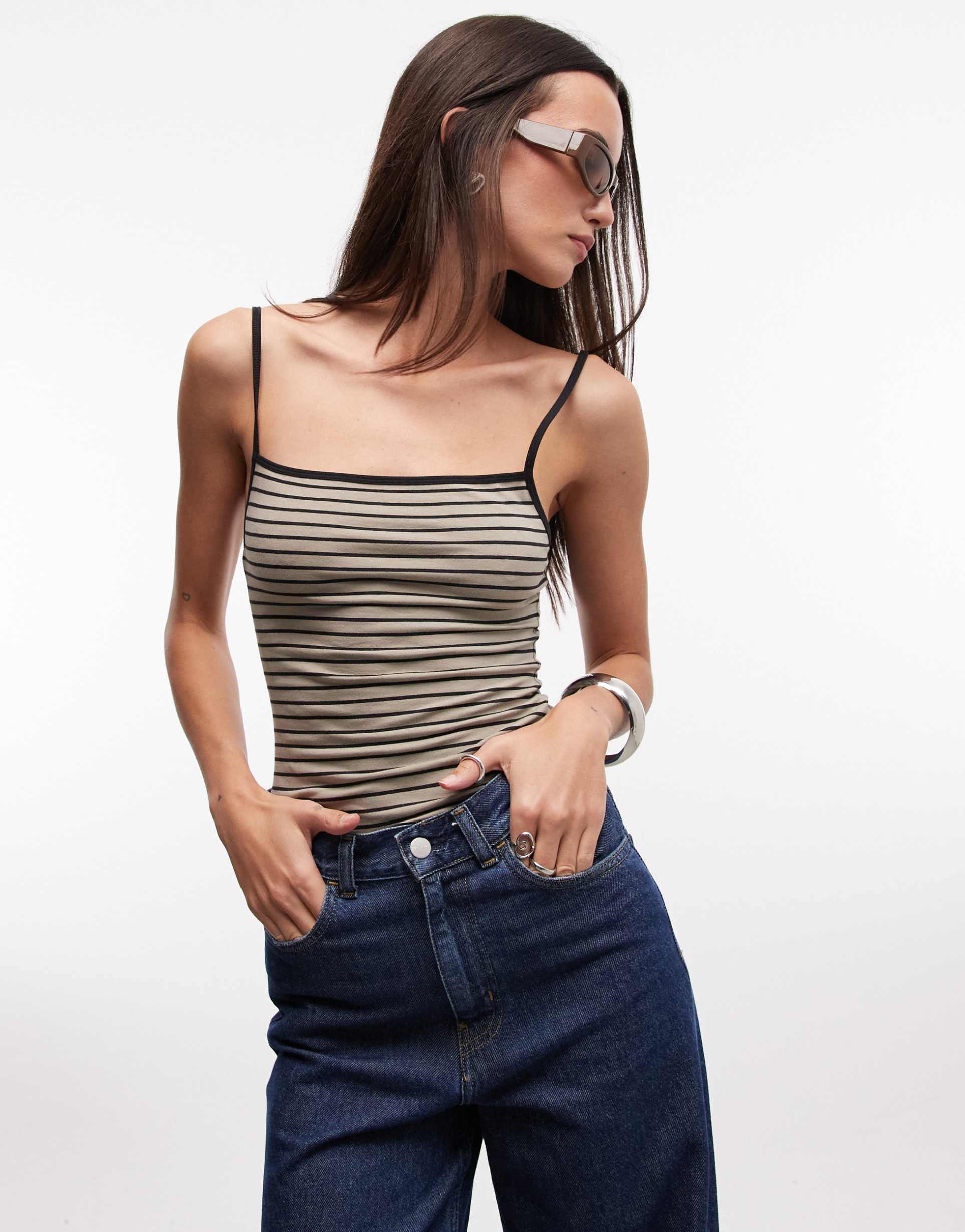 monki kelly square neck spaghetti strap tank top in olive stripes