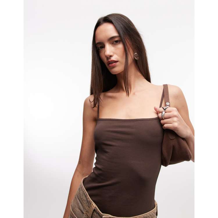 Monki Kelly straight strap tank top in dark brown | ASOS