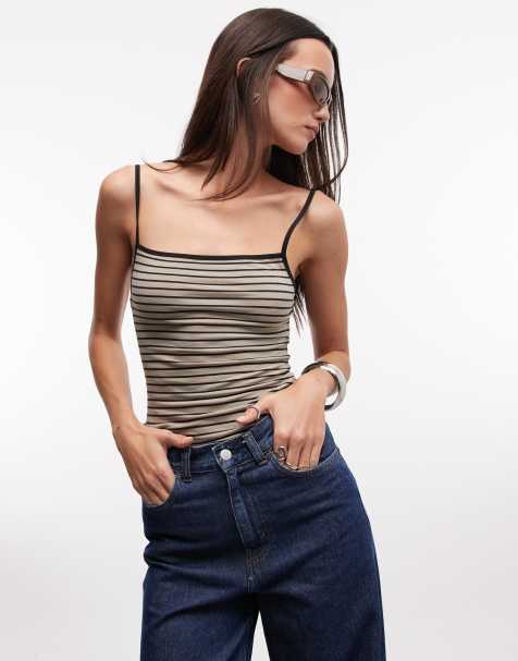 Monki Kelly straight strap vest in olive stripe - view 1