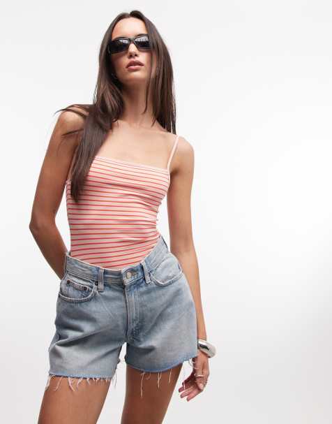Monki Kelly straight strap vest in pink and red stripe