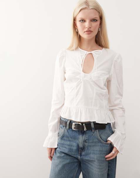 Monki keyhole long sleeve top with peplum detail in white - view 1