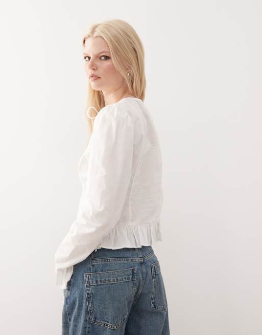 Monki keyhole long sleeve top with peplum detail in white, 2 of 4