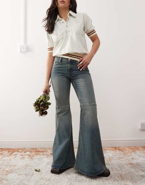 Monki Kiki low rise waist loose flare jeans in canyon darkwash blue - view 1