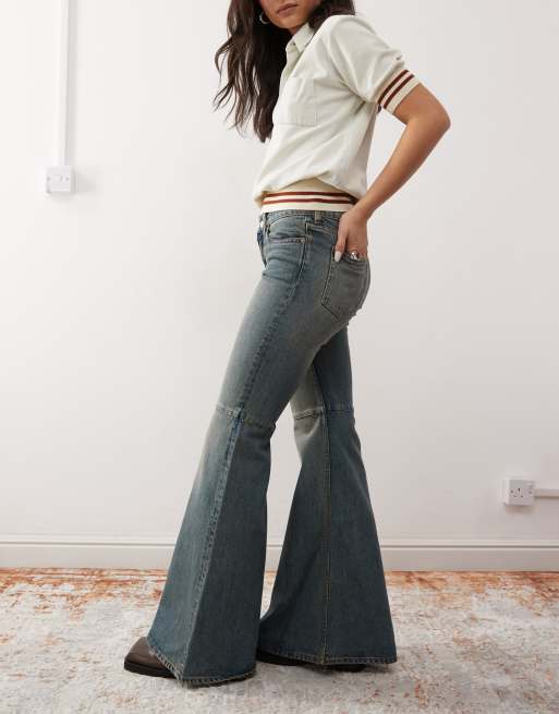 Monki Kiki low rise waist loose flare jeans in canyon darkwash blue, 3 of 5