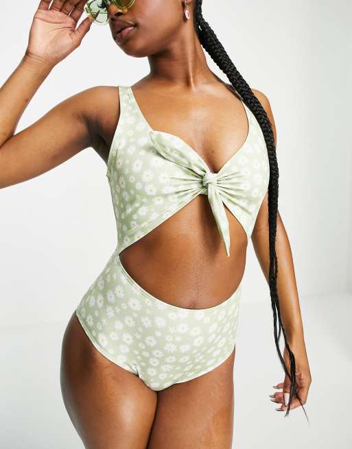 Monki - Kikki - Maillot 1 pièce avec découpe et imprimé fleuri - Vert - MGREEN