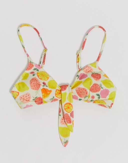 Monki Kikki recycled polyester fruit print triangle bikini top in multi