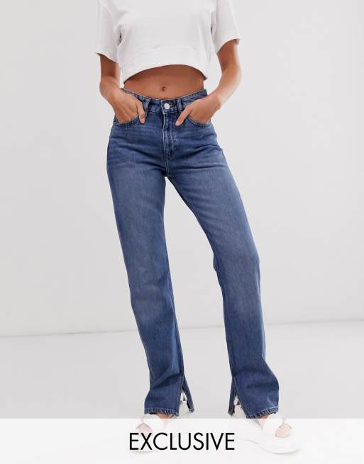 Monki Kim straight leg jeans with side slit in mid blue