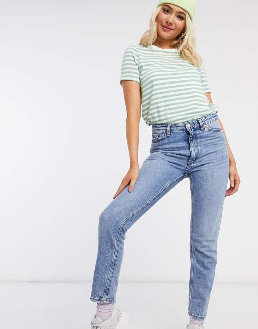 Monki Kimomo cotton high rise slim mom jeans in vintage blue - MBLUE | ASOS