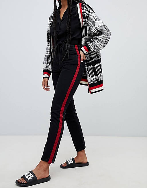 Monki Kimomo high waist mom jeans with organic cotton and side stripe detail in black