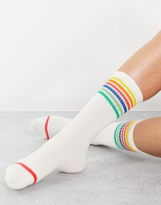 Monki Kirsten organic blend cotton multi coloured stripe socks in white