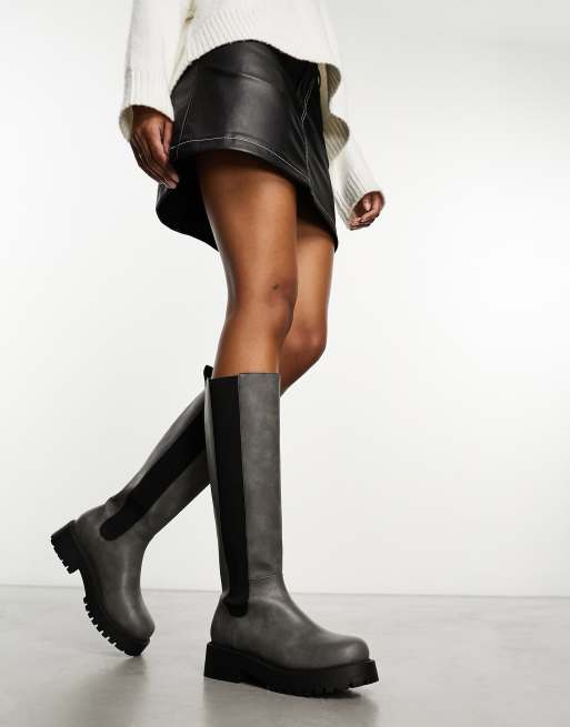 Monki knee high boot in dark gray distressed