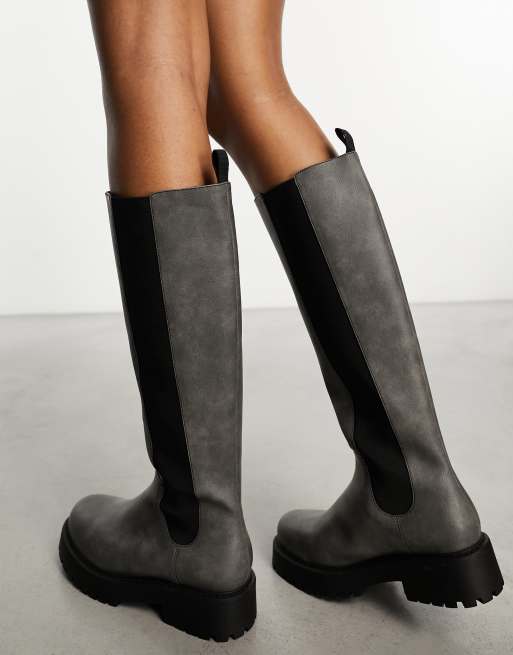 Monki knee high boot in dark gray distressed