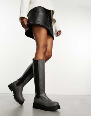 Monki Monki knee high boot in dark grey distressed