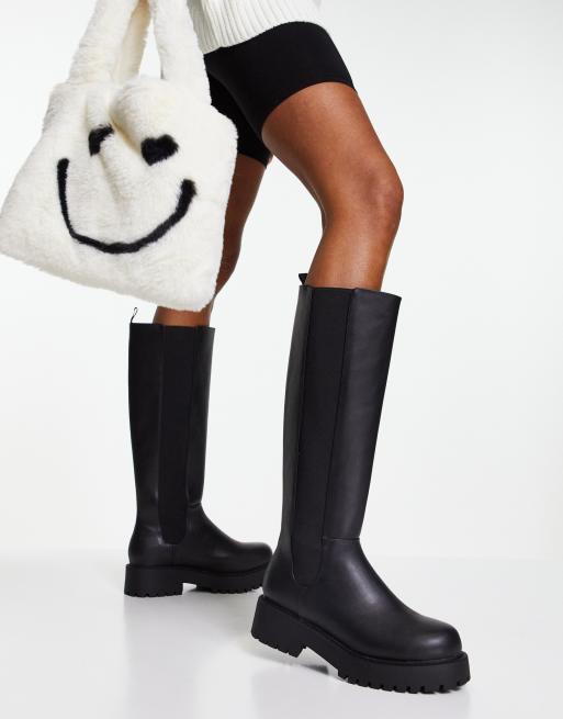 Monki knee high flat chunky boots in black BLACK