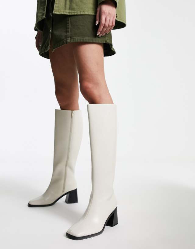 Monki knee high heeled boot in cream