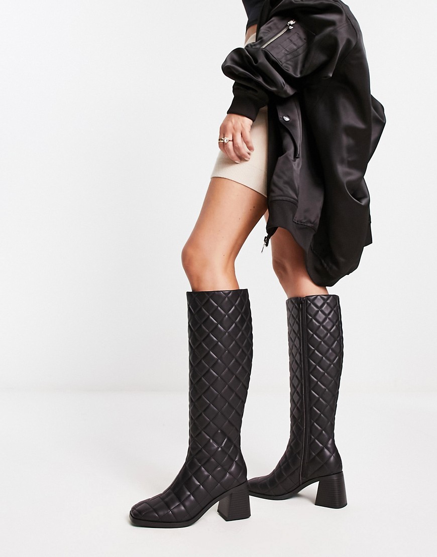 Monki Knee High Quilted Heeled Boot In Black