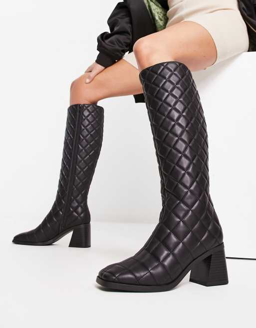 Monki knee high quilted heeled boot in black