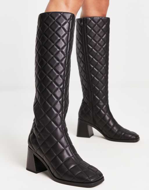 Monki knee high quilted heeled boot in black