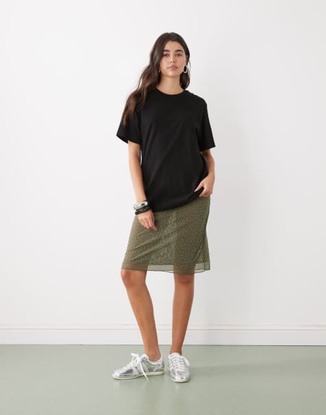 Monki knee length skirt in khaki rhinestones - view 1