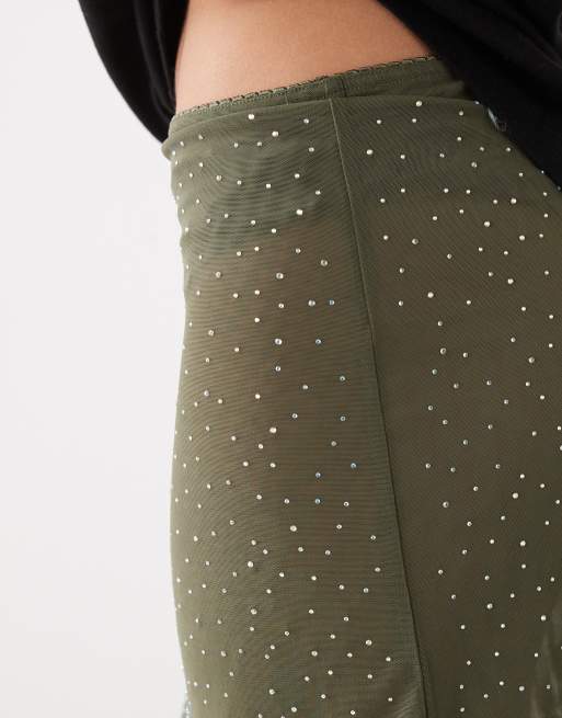 Monki - Knielange rok met strass-steentjes in kaki, 2 van 5