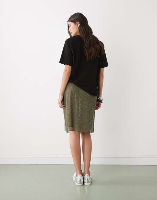Monki - Knielange rok met strass-steentjes in kaki, 3 van 5