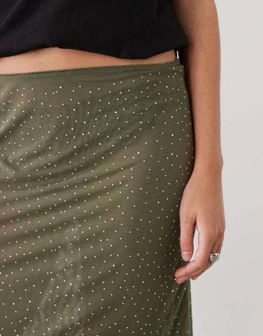 Monki - Knielange rok met strass-steentjes in kaki, 4 van 5