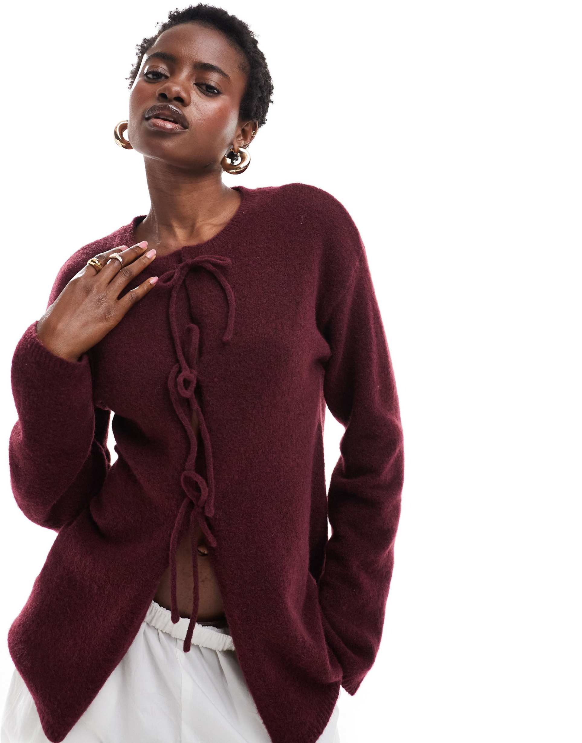 monki knit bow tie up cardigan in burgundy