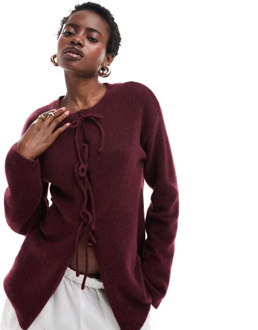 burgundy Monki knit bow tie up cardigan in burgundy