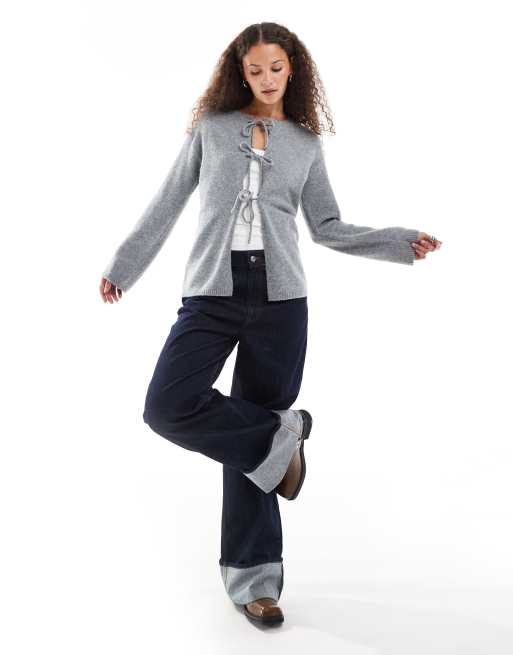 Monki knit bow tie up cardigan in gray melange