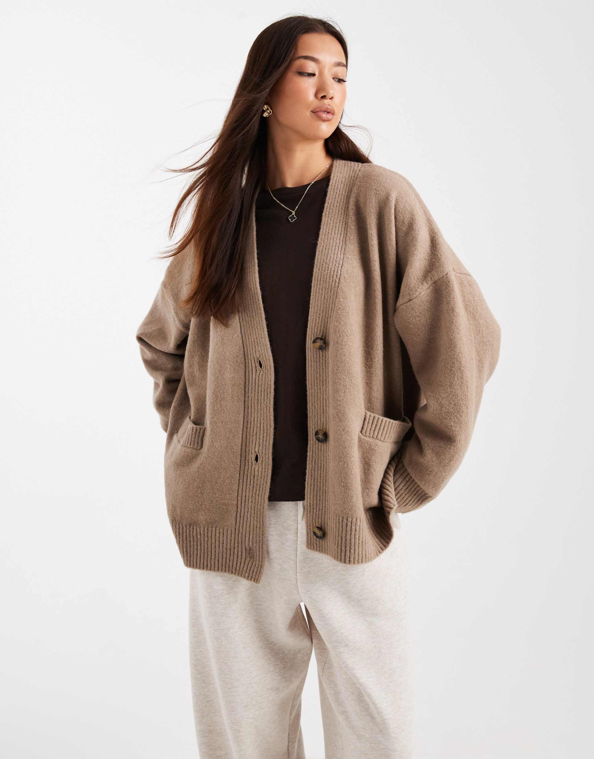 monki knit button front cardigan in brown