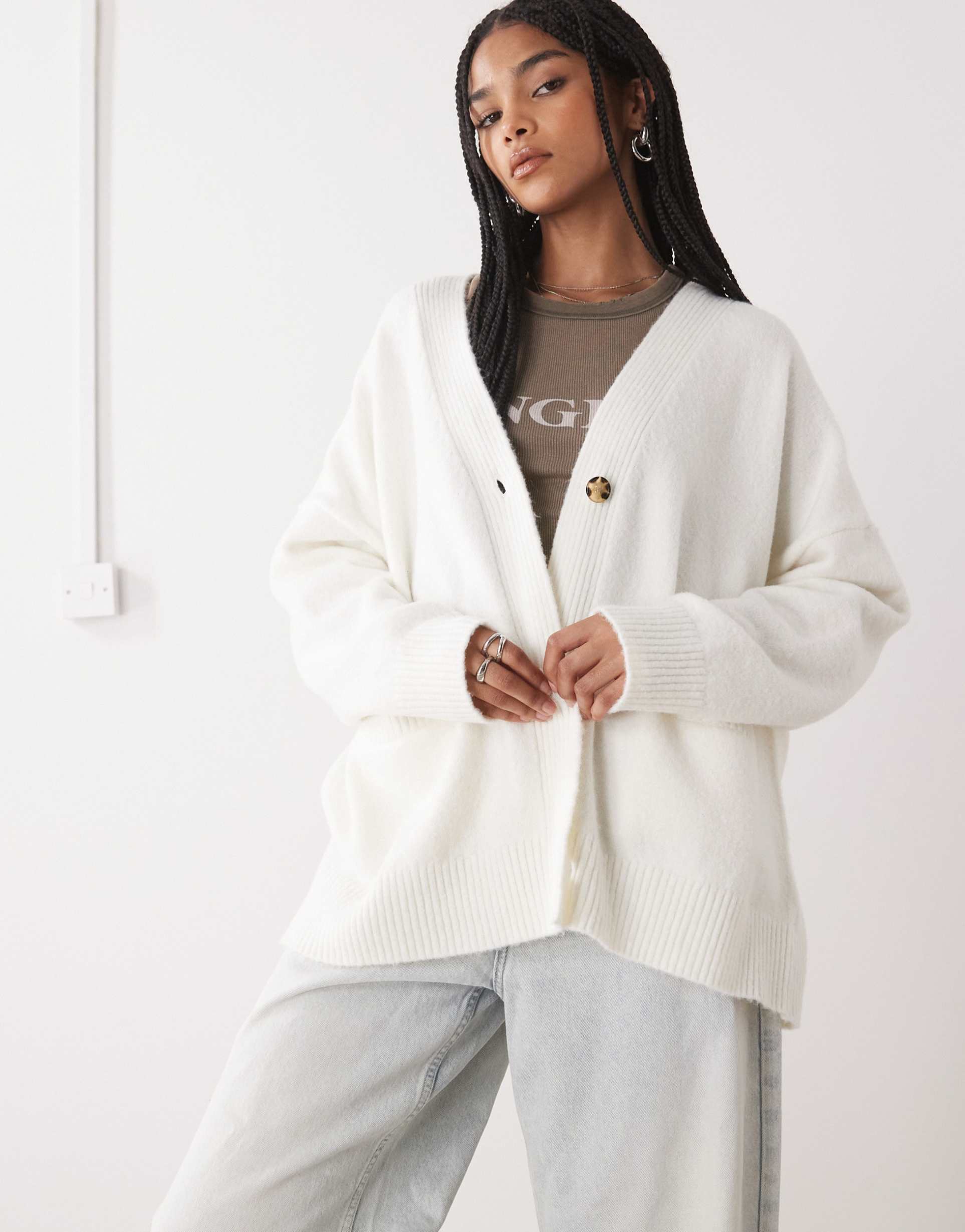 monki knit button front cardigan in ecru