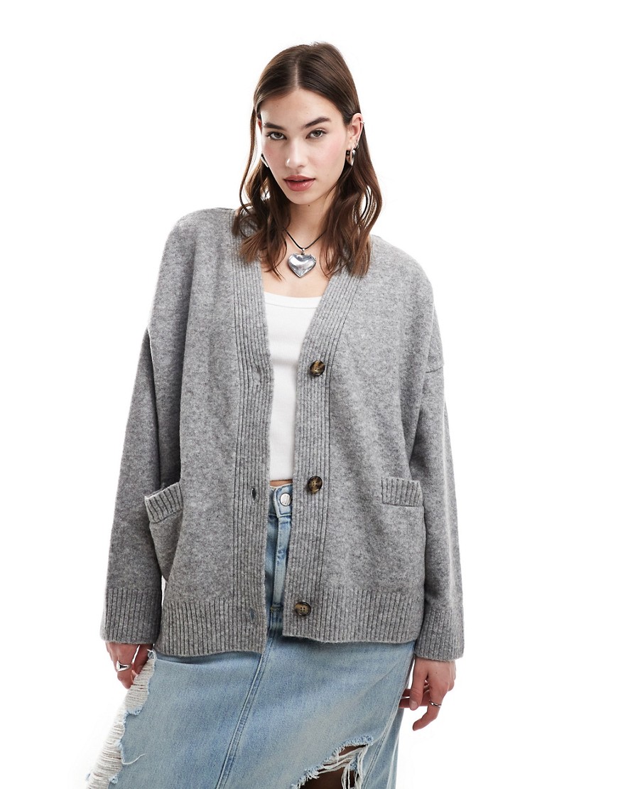 Monki Knit Button Front Cardigan In Gray-green