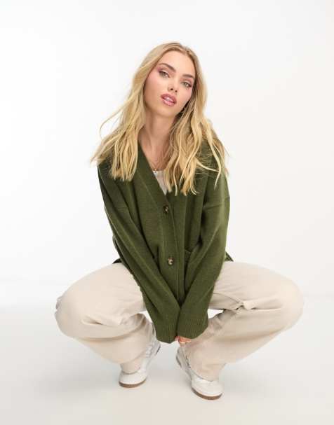 Monki knit button front cardigan in khaki green - view 1