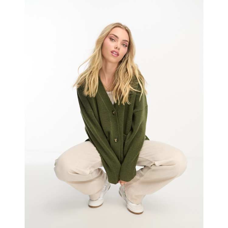 Monki knit button front cardigan in khaki green | ASOS