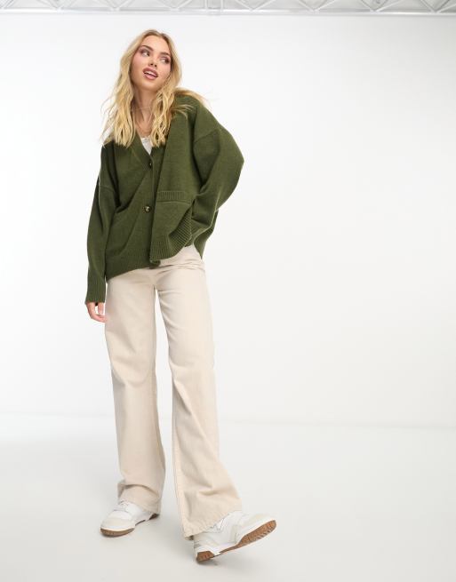 Monki knit button front cardigan in khaki green | ASOS