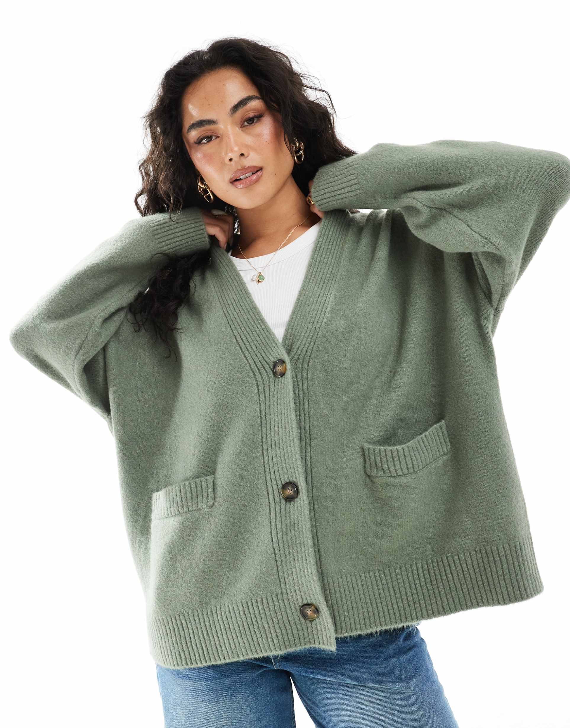monki knit button front cardigan in light green