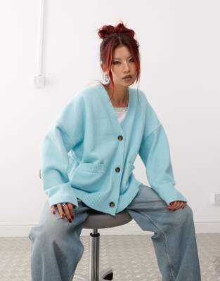 Monki Knit Button Front Oversized Cardigan In Blue