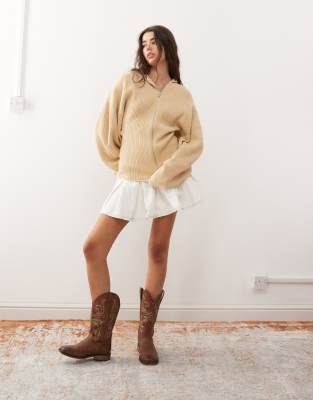 Monki Knit Hooded Sweater With Double Zip And Cinched Waist Detail In Neutral