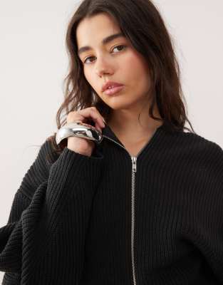 Monki Knit Hooded Sweater With Double Zip And Cinched Waist Detail In Black