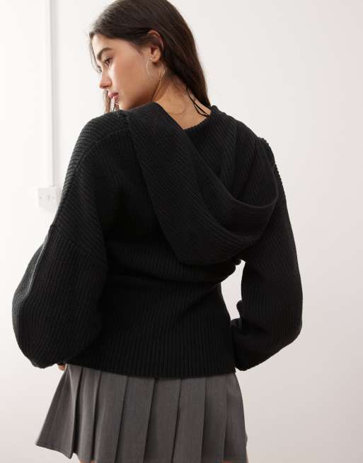 Monki knit hooded sweater with double zip and cinched waist detail in black