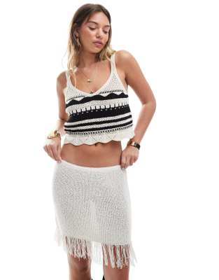 Monki Knit Mini Skirt With Tassel Hem In White