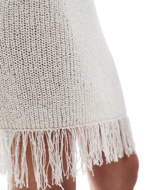 Monki knit mini skirt with tassel hem in off white, 4 of 5