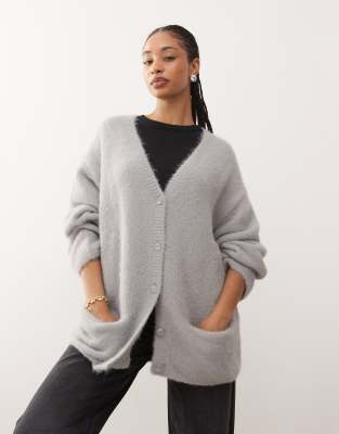 Monki Knit Oversized Cardigan In Gray
