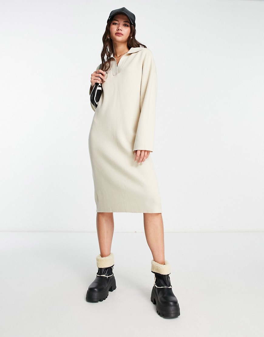 Monki Knit Polo Collar Midi Dress In Cream-neutral