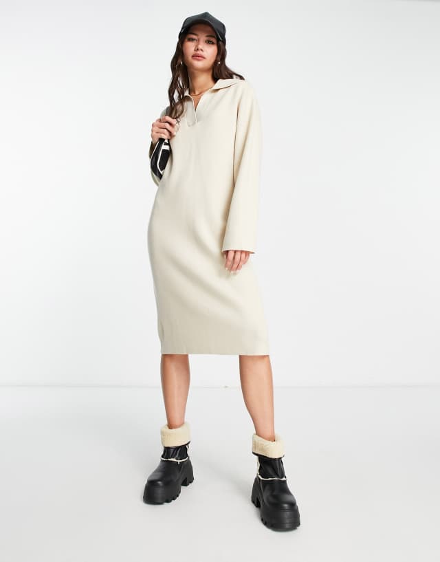 Monki knit polo collar midi dress in cream